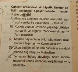 4.
Canlılar arasındaki simbiyotik ilişkiler ile
ilgili aşağıdaki eşleştirmelerden hangisi
doğru değildir?
A) Bazı kuş türlerinin ineklerin üzerindeki pa-
razit canlılar ile beslenmesi Mutualizm
B) Küsküt otunun üzerinde yaşadığı bitkiden
inorganik ve organik maddeleri alması
Tam parazitlik
C) Memeli hayvanların bitki tohumlarını uzak
alanlara taşıması →Kommensalizm
DY Liken birliğini oluşturan canlılar arasındaki
madde alış verişi → Mutualizm
Tenyanın ihtiyaç duyduğu besin mono-
merlerini konak canlıdan karşılaması → İç
parazitlik
E
tü
g
b.
tü
a
k
ċ