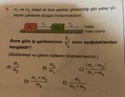 6.
m, ve m₂ kütleli iki blok şekilde gösterildiği gibi yatay yü-
zeyde çekilerek düzgün hızlanmaktadır.
T₁
T₂
A)
m₁
m₁
m₂
Buna göre ip gerilimlerinin
hangisidir?
(Sürtünmeyi ve iplerin kütlesini önemsemeyiniz.)
D)
B)
M₂
m₁ + m₂
m₂
T₁
m₂
m₁
-Yatay
Yatay yüzey
E)
oranı aşağıdakilerden
C)
m₁
m₁ + m₂
m₁-m₂|
m₁ + m₂