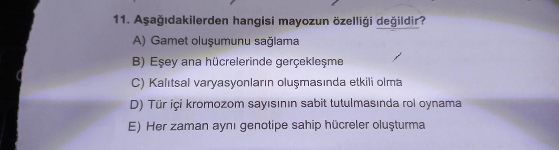 11. Aşağıdakilerden hangisi mayozun özelliği değildir?
A) Gamet oluşumunu sağlama
B) Eşey ana hücrelerinde gerçekleşme
C) Kalıtsal varyasyonların oluşmasında etkili olma
D) Tür içi kromozom sayısının sabit tutulmasında rol oynama
E) Her zaman aynı genotipe