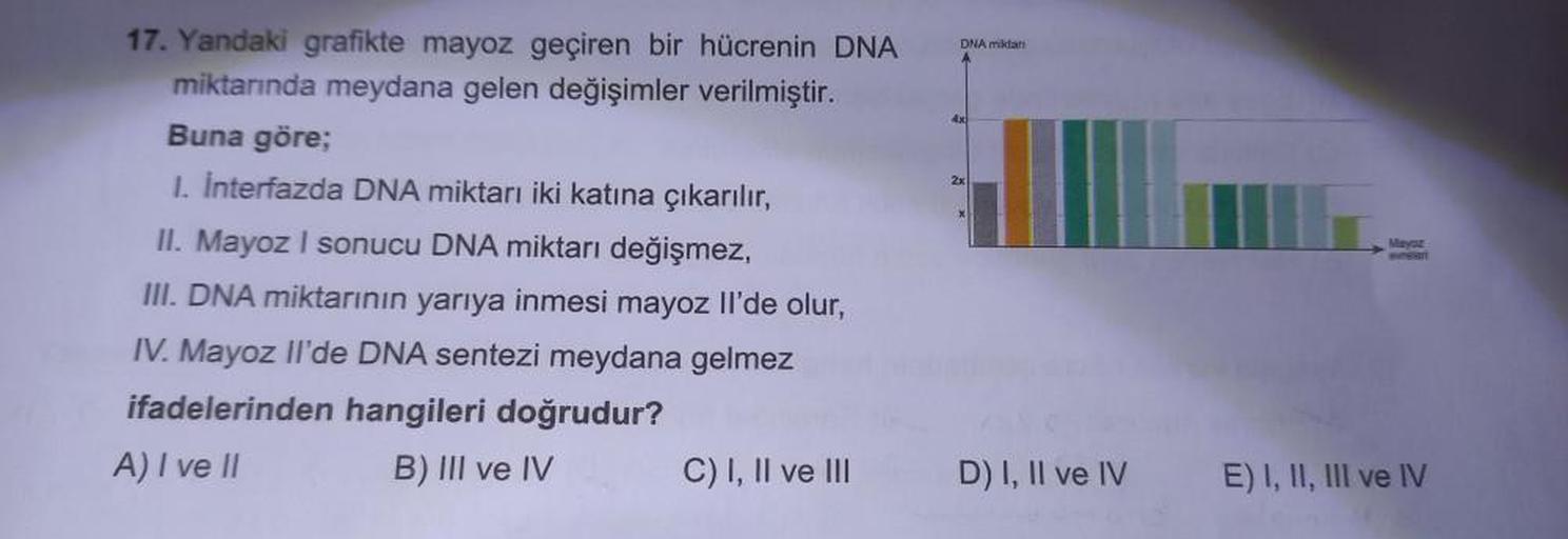 17. Yandaki grafikte mayoz geçiren bir hücrenin DNA
miktarında meydana gelen değişimler verilmiştir.
Buna göre;
I. Interfazda DNA miktarı iki katına çıkarılır,
II. Mayoz I sonucu DNA miktarı değişmez,
III. DNA miktarının yarıya inmesi mayoz Il'de olur,
IV.