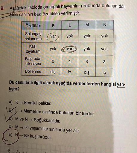 9. Aşağıdaki tabloda omurgalı hayvanlar grubunda bulunan dört
Farklı canlının bazı özellikleri verilmiştir.
Özellikler K
Solungaç
solunumu
Kaslı
diyafram
Kalp oda-
cık sayısı
Döllenme
var yok
yok
Roter
2
A) K→ Kemikli balıktır.
LBY L
L
dış
4
M
var yok
yok
