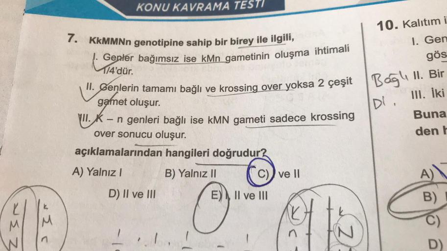 V≤N
M
n
KONU KAVRAMA TESTI
7. KKMMNn genotipine sahip bir birey ile ilgili,
J. Gepler bağımsız ise kMn gametinin oluşma ihtimali
1/4'dür.
II. Genlerin tamamı bağlı ve krossing over yoksa 2 çeşit
gamet oluşur.
II.K-n genleri bağlı ise KMN gameti sadece kros