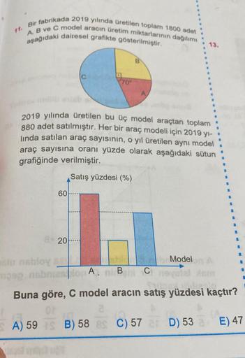 Bir fabrikada 2019 yılında üretilen toplam 1800 adet
A, B ve C model aracın üretim miktarlarının dağılımı
aşağıdaki dairesel grafikte gösterilmiştir.
60
8 20
70°
2019 yılında üretilen bu üç model araçtan toplam
880 adet satılmıştır. Her bir araç modeli içi