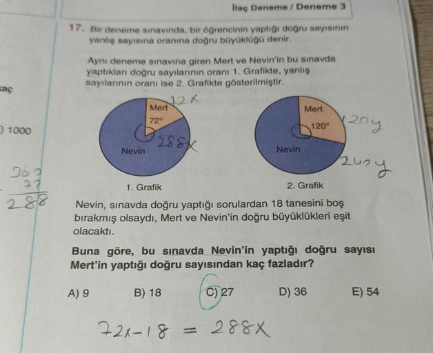 saç
) 1000
362
77
288
İlaç Deneme / Deneme 3
17. Bir deneme sınavında, bir öğrencinin yaptığı doğru sayısının
yanlış sayısına oranına doğru büyüklüğü denir.
Aynı deneme sınavına giren Mert ve Nevin'in bu sınavda
yaptıkları doğru sayılarının oranı 1. Grafik