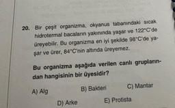 20. Bir çeşit organizma, okyanus tabanındaki sıcak
hidrotermal bacaların yakınında yaşar ve 122°C'de
üreyebilir. Bu organizma en iyi şekilde 98°C'de ya-
şar ve ürer, 84°C'nin altında üreyemez.
Bu organizma aşağıda verilen canlı grupların-
dan hangisinin bir üyesidir?
A) Alg
B) Bakteri
D) Arke
C) Mantar
E) Protista