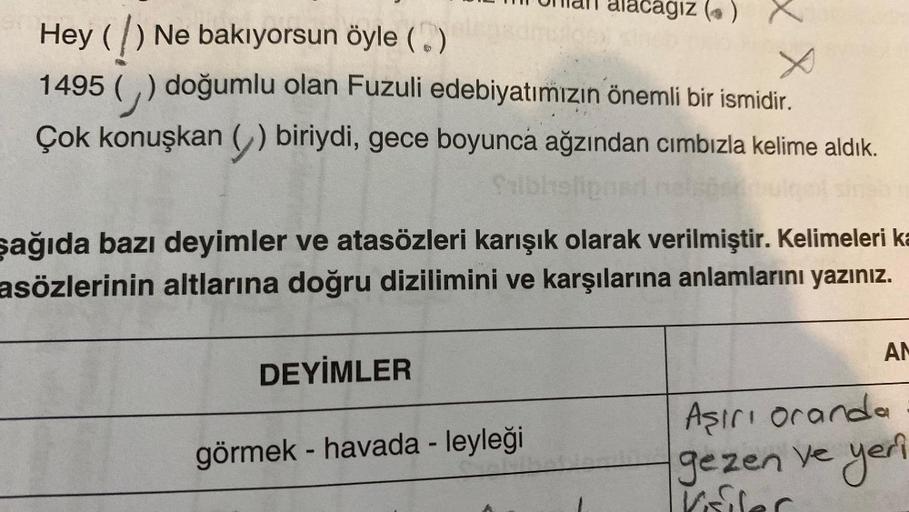 Hey (/) Ne bakıyorsun öyle (.)
1495 () doğumlu olan Fuzuli edebiyatımızın önemli bir ismidir.
Çok konuşkan) biriydi, gece boyunca ağzından cımbızla kelime aldık.
DOE
alacagiz
DEYİMLER
şağıda bazı deyimler ve atasözleri karışık olarak verilmiştir. Kelimeler