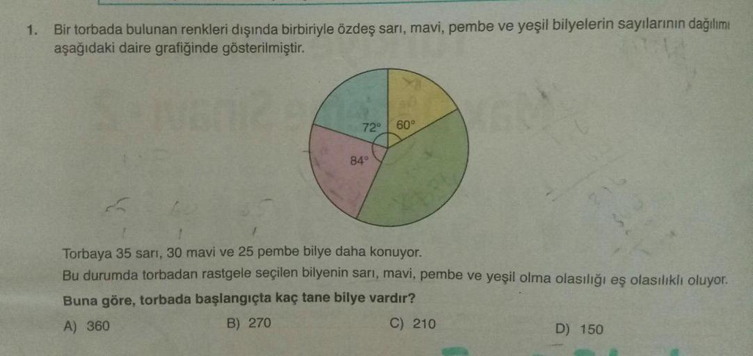 1. Bir torbada bulunan renkleri dışında birbiriyle özdeş sarı, mavi, pembe ve yeşil bilyelerin sayılarının dağılımı
aşağıdaki daire grafiğinde gösterilmiştir.
1012
72⁰ 60°
84°
Torbaya 35 sarı, 30 mavi ve 25 pembe bilye daha konuyor.
Bu durumda torbadan ras