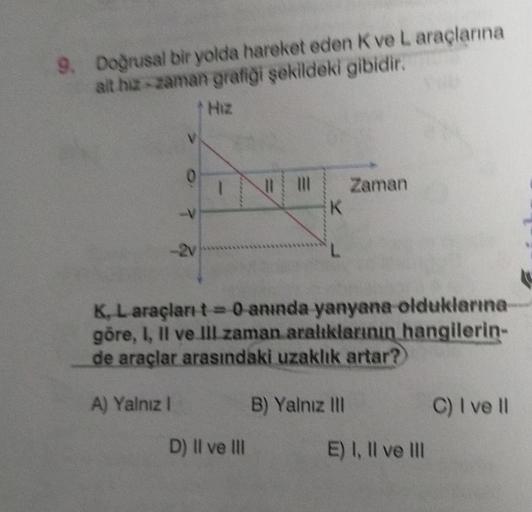 9. Doğrusal bir yolda hareket eden K ve L araçlarına
ait hiz-zaman grafiği şekildeki gibidir.
Hiz
V
A) Yalnız I
O
7 7
K
K, L araçları t = 0 anında yanyana olduklarına
göre, I, II ve III zaman aralıklarının hangilerin-
de araçlar arasındaki uzaklık artar?
D