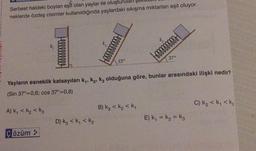 Serbest haldeki boyları eşit olan yaylar ile oluştur
neklerde özdeş cisimler kullanıldığında yaylardaki sıkışma miktarları eşit oluyor.
A) k₁ <k₂ <k3
Hell!!!!!!!
Çözüm >
Hellllllll
D) K₂ < K₁ < K₂
53°
Yayların esneklik katsayıları k₁, k₂, k3 olduğuna göre, bunlar arasındaki ilişki nedir?
(Sin 37°=0,6; cos 37°=0,8)
ķ
fmmmmmmml
B) K₂ <k₂ < K₁
37°
E) K₁ = K₂ = K₂
C) K₂ < K₁ <kg
