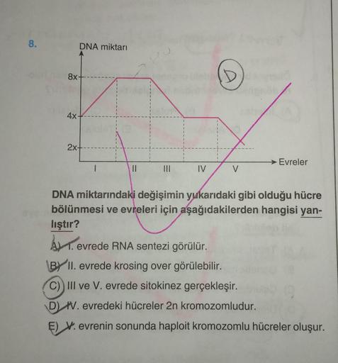 8.
DNA miktarı
8x+
4x
2x+
1
1
||
PQ
}
IV
V
→ Evreler
DNA miktarındaki değişimin yukarıdaki gibi olduğu hücre
bölünmesi ve evreleri için aşağıdakilerden hangisi yan-
lıştır?
AT. evrede RNA sentezi görülür.
BY II. evrede krosing over görülebilir.
C)) III ve 