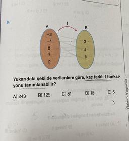 8.
davi (0
A) 243
devnie
malgot
A
Il sinisy (3
-2
TO N
Dovile
f
9200
Yukarıdaki şekilde verilenlere göre, kaç farklı f fonksi-
yonu tanımlanabilir?
B) 125
B
C) 81
neyslpsa iniğitig
3 45.
D) 15
E) 5
>
mi
poune
Tabunge haligned neonhelabst
I sinley (A C
#av # (Q
Ankara Yayıncılık
1