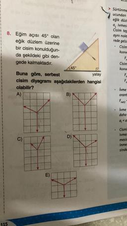 8. Eğim açısı 45° olan
eğik düzlem üzerine
bir cisim konulduğun-
da şekildeki gibi den-
gede kalmaktadır.
115
C)
Buna göre, serbest
yatay
cisim diyagramı aşağıdakilerden hangisi
olabilir?
A)
7
D
NA
E)
4
45°
B)
D)
#
Sürtünme
ucundan
eğik düzl
ivmesi
aç
Cisim tep
aynı nokt
rede gelsi
Cisim
kuvve
●
●
F
Cisim
kuvve
F
F
İvme
orant
Fre
net2
İvme
daha
a₁ <a
Cismi
ivmes
mesin
inme
sinde