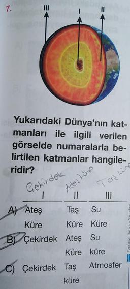 7.
Yukarıdaki Dünya'nın kat-
manları ile ilgili verilen
görselde numaralarla be-
lirtilen katmanlar hangile-
ridir?
Gekirdek
|
Adeş küre
Taş
|| ____ ______ |||
Taş Su
A) Ateş
Küre
Küre Küre
BCÇekirdek Ateş Su
Küre küre
C) Çekirdek Taş
küre
kinn
Atmosfer