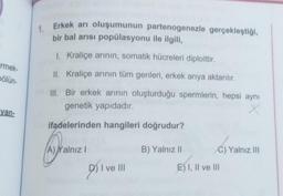 rmek-
bölün-
yan-
1. Erkek arı oluşumunun partenogenezle gerçekleştiği,
bir bal arısı popülasyonu ile ilgili,
1. Kraliçe arının, somatik hücreleri diploittir.
II. Kraliçe arının tüm genleri, erkek arıya aktarılır.
III. Bir erkek arının oluşturduğu spermlerin, hepsi aynı
genetik yapıdadır.
ifadelerinden hangileri doğrudur?
A) Yalnız I
I ve III
B) Yalnız II
C) Yalnız III
E) I, II ve III