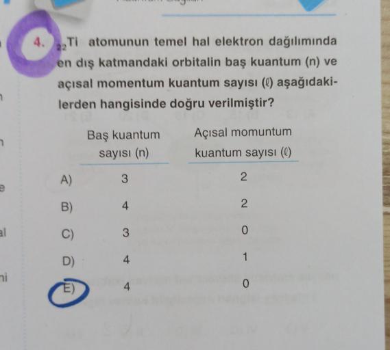 al
ni
4. Ti atomunun temel hal elektron dağılımında
en dış katmandaki orbitalin baş kuantum (n) ve
açısal momentum kuantum sayısı (0) aşağıdaki-
lerden hangisinde doğru verilmiştir?
A)
B)
C)
D)
E)
Baş kuantum
sayısı (n)
3
4
3
4
Açısal momuntum
kuantum sayı