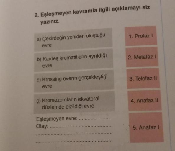 2. Eşleşmeyen kavramla ilgili açıklamayı siz
yazınız.
a) Çekirdeğin yeniden oluştuğu
evre
b) Kardeş kromatitlerin ayrıldığı
evre
c) Krossing overın gerçekleştiği
evre
c) Kromozomların ekvatoral
düzlemde dizildiği evre
Eşleşmeyen evre:
Olay:..
1. Profaz I
2