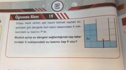 Öğrenme Alanı
19
Düşey kesiti verilen eşit hacim bölmeli kaptaki su,
şekildeki gibi dengede iken kabin tabanındaki X nok-
tasındaki su basıncı P'dir.
Musluk açılıp su dengesi sağlandığında kap taba-
nındaki X noktasındaki su basıncı kap P olur?
Su
1