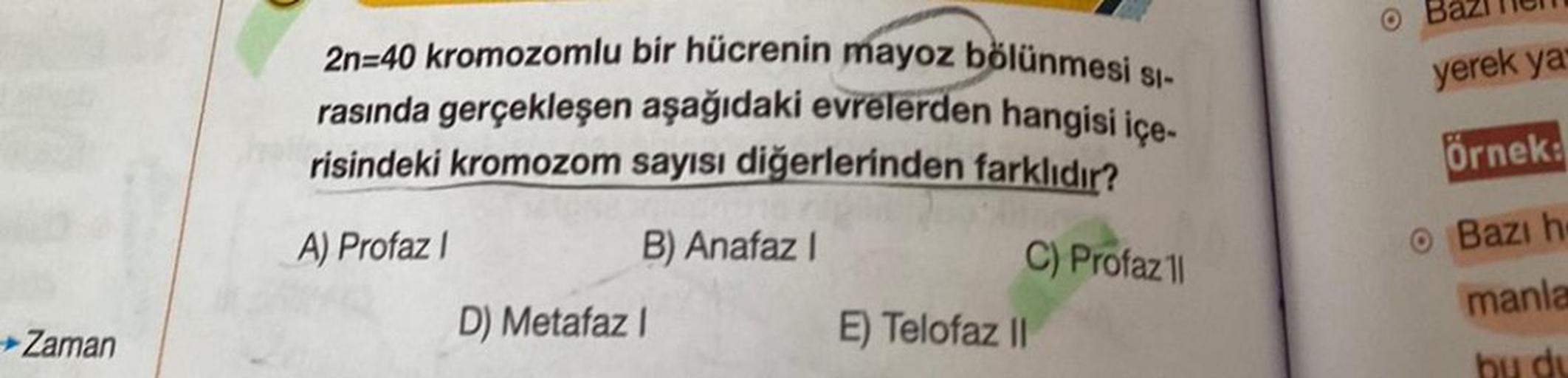 Zaman
2n=40 kromozomlu bir hücrenin mayoz bölünmesi si-
rasında gerçekleşen aşağıdaki evrelerden hangisi içe-
risindeki kromozom sayısı diğerlerinden farklıdır?
A) Profaz I
B) Anafaz I
D) Metafaz I
C) Profaz 11
E) Telofaz II
O
yerek ya
Örnek:
Bazı h
manla
