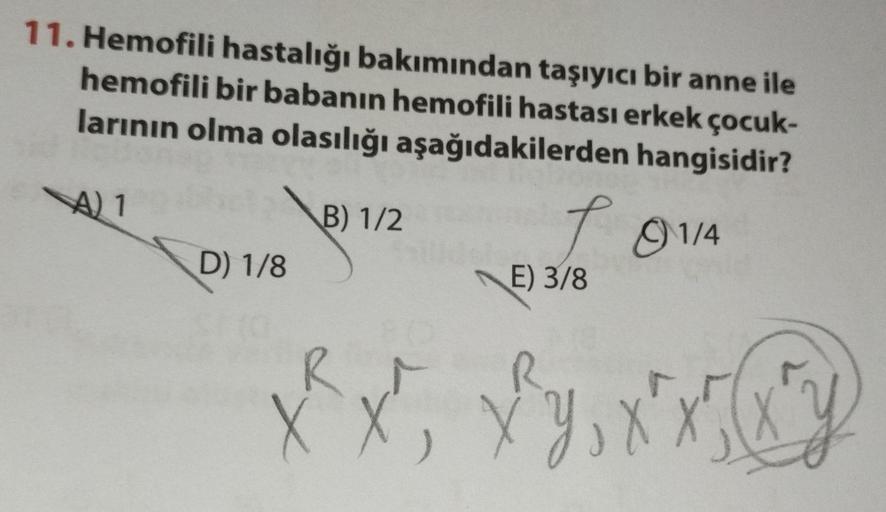 11. Hemofili hastalığı bakımından taşıyıcı bir anne ile
hemofili bir babanın hemofili hastası erkek çocuk-
larının olma olasılığı aşağıdakilerden hangisidir?
A) 1
B) 1/2
D) 1/8
x²x²,
X
1 0114
E) 3/8
x^y₁x²
y
X