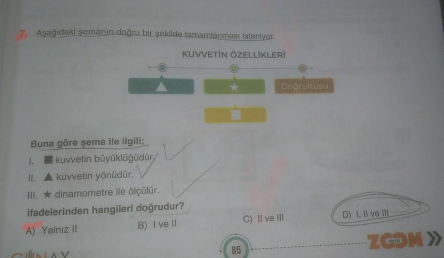 7. Aşağıdaki şemanın doğru bir şekilde tamamlanması isteniyor.
KUVVETİN ÖZELLİKLERİ
Buna göre şema ile ilgili;
kuvvetin büyüklüğüdür/
II. A kuvvetin yönüdür.
III. dinamometre ile ölçülür.
ifadelerinden hangileri doğrudur?
A) Yalnız II
B) I ve II
85
Doğrult