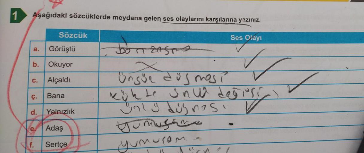 1
Aşağıdaki sözcüklerde meydana gelen ses olaylarını karşılarına yazınız.
Ses Olayı
a. Görüştü
Okuyor
Alçaldı
Bana
b.
C.
Ç.
d.
e.
Sözcük
f.
Yalnızlık
Adaş
Sertçe
Bon
BoT ZASTS.
X
üngür düsmos?
✓
kük le unu değişi
inly dis nesi
V
yumushne
yumuram
✓