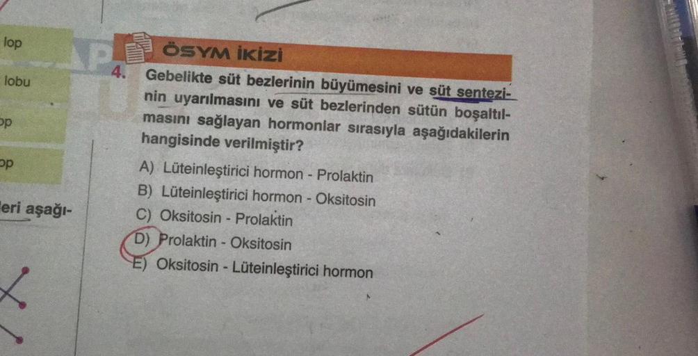 lop
lobu
op
op
AP
eri aşağı-
4.
ÖSYM İKİZİ
Gebelikte süt bezlerinin büyümesini ve süt sentezi-
nin uyarılmasını ve süt bezlerinden sütün boşaltıl-
masını sağlayan hormonlar sırasıyla aşağıdakilerin
hangisinde verilmiştir?
A) Lüteinleştirici hormon - Prolak