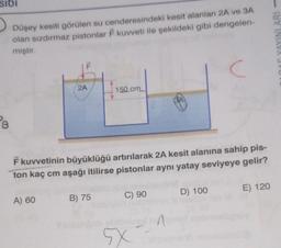 sibi
Düşey kesiti görülen su cenderesindeki kesit alanları 2A ve 3A
olan sızdırmaz pistonlar F kuvveti ile şekildeki gibi dengelen-
miştir.
C
2A
A) 60
F kuvvetinin büyüklüğü artırılarak 2A kesit alanına sahip pis-
ton kaç cm aşağı itilirse pistonlar aynı yatay seviyeye gelir?
150 cm
B) 75
C) 90
SX
D) 100
E) 120
DAF YAYINLARI