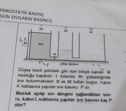 HIDROSTATİK BASINÇ
GUN SIVILARIN BASINCI)
6h
SA
ZA
SH
P
Düşey kesiti şekildeki gibi olan bileşik kaptak M
musluğu kapalidir. I kolunda th yüksekliğinde
Sivi bulunmaktadır. I ve kollan boştur. Kabin
K noktasına yapılan sivi basıncı P dir.
Musluk açılıp sIVI dengesi sağlandıktan son-
ra, kabin L noktasına yapılan sivi basıncı kaç P
olur?