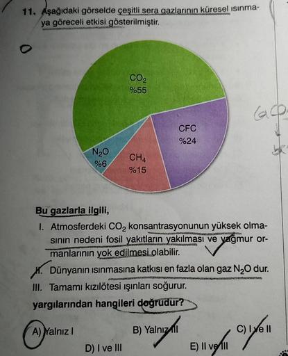 11. Aşağıdaki görselde çeşitli sera gazlarının küresel ısınma-
ya göreceli etkisi gösterilmiştir.
N₂O
%6
A) Yalnız I
CO₂
%55
CH4
%15
D) I ve III
CFC
%24
Bu gazlarla ilgili,
SAMSON
1. Atmosferdeki CO₂ konsantrasyonunun yüksek olma-
sının nedeni fosil yakıtl