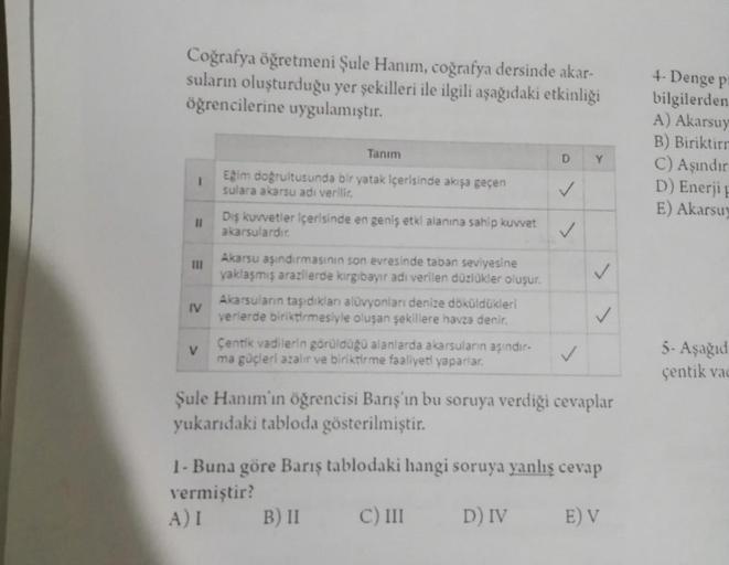 Coğrafya öğretmeni Şule Hanım, coğrafya dersinde akar-
suların oluşturduğu yer şekilleri ile ilgili aşağıdaki etkinliği
öğrencilerine uygulamıştır.
I
11
III
IV
V
Tanım
Eğim doğrultusunda bir yatak içerisinde akışa geçen
sulara akarsu adı verilir.
Dış kuvve
