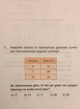 2.
Aşağıdaki tabloda bir taksimetrede gösterilen ücretin
bazı kilometrelerdeki değerleri verilmiştir.
Yol (km) Ücret (TL)
3
7
10
14
26
35
Bu taksimetreye göre, 21 km yol giden bir müşteri
taksiciye ne kadar ücret öder?
A) 77 B) 74
C) 71
D) 68
E) 65