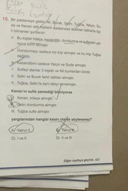 aybe surle
15. Bir pastaneye giden Nil, Burak, Selin, Tuğba, Yalçın, Su-
de ve Kenan adlukişilerin pastanede aldıkları tatlılarla ilgi-
li bilinenler şunlardır:
*Bu kişiler trileçe, kazandibi, dondurma ve sufleden yal-
nızca birini almıştır.
Dondurmayı sadece bir kişi almıştır ve bu kişi Tuğba
değildir.
Kazandibini sadece Yalçın ve Sude almıştır.
*
Sufleyi alanlar 3 kişidir ve Nil bunlardan biridir.
* Selin ve Burak farklı tatlıları almıştır.
* Tuğba, Selin'le aynı tatlıyı almamıştır.
Kenan'ın sufle yemediği biliniyorsa
Kenan, trileçe almıştır.
Selin dondurma almıştır.
III. Tuğba sufle almıştır.
yargılarından hangisi kesin olarak söylenemez?
A) Yalnız II
C) I ve II
By Yalnız H
D) II ve III
Diğer sayfaya geçiniz.