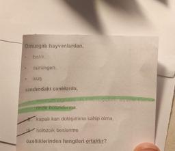 Omurgalı hayvanlardan,
balık,
a
sürüngen,
kuş
sınıfındaki canlılarda,
solunum pigment olan hemoglobini, alyuvar hucréle
rinde bulundurma,
kapalı kan dolaşımına sahip olma,
Wholozoik beslenme
özelliklerinden hangileri ortaktır?