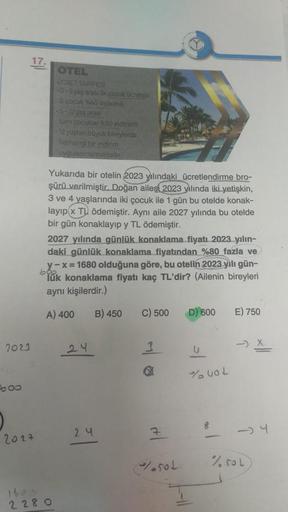 2021
J
17.
2027
OTEL
ÜCRET TARIFESİ
-0-Syaş arası ilk çocuk ücretsiz
2 çocuk %40 indirimli
-5-12 yaş arası
tüm çocuklar %50 indirimli
-12 yaştan büyük bireylerde
herhangi bir indirim
uygulanmamaktadir.
Yukarıda bir otelin 2023 yılındaki ücretlendirme bro-
