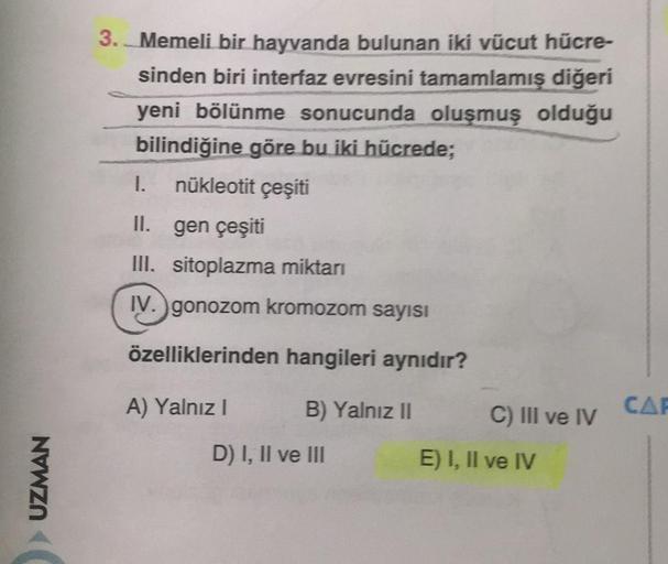 > UZMAN
3. Memeli bir hayvanda bulunan iki vücut hücre-
sinden biri interfaz evresini tamamlamış diğeri
yeni bölünme sonucunda oluşmuş olduğu
bilindiğine göre bu iki hücrede;
nükleotit çeşiti
1.
II.
gen çeşiti
III. sitoplazma miktarı
IV. gonozom kromozom s