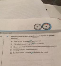 Bölünmeleri
ģi
OLCME
10. Aşağıdaki olaylardan hangisi mayoz bölünme ile gerçek-
leştirilir?
A) Mide epitel tabakasının yenilenmesi
B) Vücuttaki yaralanmış dokuların onarımı
C) Spem ana hücrelerinde birincil spermatositlerin oluşumu
D) Sürüngenlerde sperm oluşumu
E) Kertenkelede kopan kuyruğun yenilenmesi