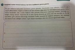 1. Aşağıdaki metnin türünü bulunuz. Bu türün özelliklerini yanına yazınız.
Bir gün Hellen'le bahçedeki tulumbanın yanına gitmiştik. Tulumbadan suyu çekerken Hellen'in elini
suyun altına tuttum. Soğuk su Hellen'in bir eline akarken diğer eline "su" sözcüğünü önce yavaş, sonra
hızlıca heceledim. İşte o anda Hellen'in kalbi yerinden firlarcasına çarpmaya başladı. Vermeye ça-
lıştığım mesajı almıştı. Yaşamının ilk on sekiz ayında zihninde yer etmiş olan tek sözcüktü su. Bu tek
sözcükten yola çıkarak dokunduğu nesnelerle harfler arasında bir bağlantı olduğunu, her nesnenin
sözcüklerle ifade edildiğini anladı. O gün akşam karanlığına dek otuz sözcük öğrenmişti Hellen.
1.
2.
3.