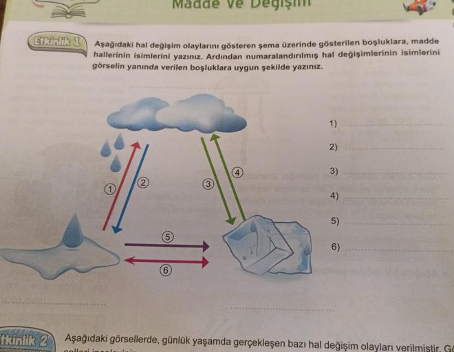 Etkinlik 1
tkinlik 2
Aşağıdaki hal değişim olaylarını gösteren şema üzerinde gösterilen boşluklara, madde
hallerinin isimlerini yazınız. Ardından numaralandırılmış hal değişimlerinin isimlerini
görselin yanında verilen boşluklara uygun şekilde yazınız.
1
M