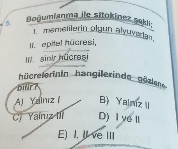 5.
Boğumlanma ile sitokinez şekli;
I. memelilerin olgun alyuvarları,
II. epitel hücresi,
III. sinir hücresi
hücrelerinin hangilerinde gözlene
bilir?
A) Yalnız I
C) Yalnız til
B) Yalnız II
D) I ve II
E) I, II ve III