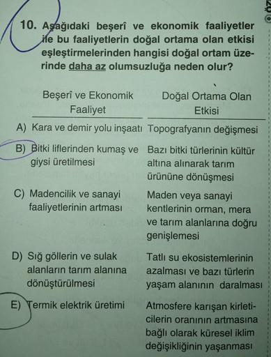 10. Aşağıdaki beşerî ve ekonomik faaliyetler
Me bu faaliyetlerin doğal ortama olan etkisi
eşleştirmelerinden hangisi doğal ortam üze-
rinde daha az olumsuzluğa neden olur?
Beşerî ve Ekonomik
Faaliyet
A) Kara ve demir yolu inşaatı
B) Bitki liflerinden kumaş