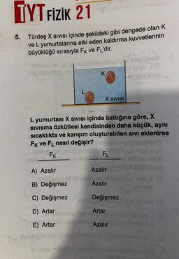 TYT FIZIK 21
5. Türdeş X SIVISı içinde şekildeki gibi dengede olan K
ve L yumurtalarına etki eden kaldırma kuvvetlerinin
büyüklüğü sırasıyla FK ve FL'dir.
eljeena
A) Azalır
aududuo M
B) Değişmez
C) Değişmez
D) Artar
E) Artar
L
#smtudos
K
L yumurtası X SIVISI içinde battığına göre, X
SIVISına Özkütlesi kendisinden daha küçük, aynı
sıcaklıkta ve karışım oluşturabilen sivi eklenirse
FK ve FL nasıl değişir?
FK
X SIVISI
FL
Azalır
Azalır
Xaim Değişmez
SL70X
amesingo
Artar
Azalır
10H (8
NORDIC nunqually I am