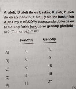 A aleli, B aleli ile eş baskın; K aleli, D aleli
ile eksik baskın; Y aleli, y aleline baskın ise
ABKDYY X ABKDYy çaprazında döllerde en
fazla kaç farklı fenotip ve genotip görülebi-
lir? (Genler bağımsız)
A)
B)
C)
D)
E)
Fenotip
3
6
6
9
18
Genotip
6
9
18
18
27
55