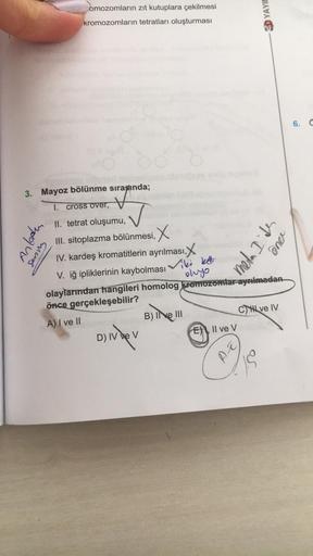 omozomların zıt kutuplara çekilmesi
kromozomların tetratları oluşturması
Anladun
Sering
3. Mayoz bölünme sırasında;
1. cross over,
II. tetrat oluşumu,
III. sitoplazma bölünmesi, X
IV. kardeş kromatitlerin ayrılması, X
V. iğ ipliklerinin kaybolması
Viki ket