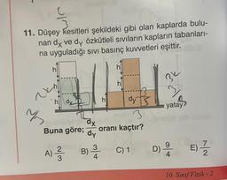 11. Düşey kesitleri şekildeki gibi olan kaplarda bulu-
nan dx ve dy özkütleli sıvıların kapların tabanları-
na uyguladığı sıvı basınç kuvvetleri eşittir.
z
hdx
de dx
dy
Buna göre;
A) ²/3
2
B)
3
4
dy
3
oranı kaçtır?
C) 1
D)
34
yatay
9
4
7
E) - 12/2
10. Sınıf Fizik -2