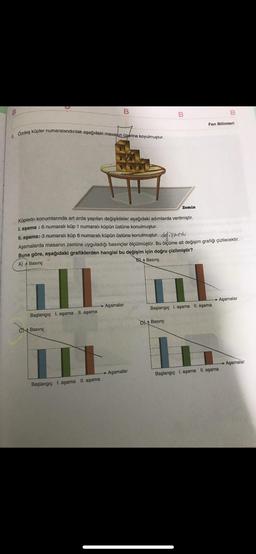 9.
D
Özdeş küpler numaralandırılak aşağıdaki masanın üzerine koyulmuştur.
Başlangıç 1. aşama II. aşama
Basınç
10
→ Aşamalar
Küplerin konumlarında art arda yapılan değişiklikler aşağıdaki adımlarda verilmiştir.
1. aşama : 6 numaralı küp 1 numaralı küpün üstüne konulmuştur.
Il. aşama: 3 numaralı küp 6 numaralı küpün üstüne konulmuştur. değişmedi
Aşamalarda masanın zemine uyguladığı basınçlar ölçülmüştür. Bu ölçüme ait değişim grafiği çizilecektir.
Buna göre, aşağıdaki grafiklerden hangisi bu değişim için doğru çizilmiştir?
A) Basınç
B Basınç
Başlangıç 1. aşama II. aşama
Aşamalar
B
Zemin
D) Basınç
Fen Bilimleri
Başlangıç 1. aşama II. aşama
Aşamalar
Başlangıç 1. aşama II. aşama
→ Aşamalar