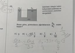 6x
25
49.
Gx749
viya
Gx
S
SIVI
Gy
35
Şekildeki bileşik kabın
kollanındaki sızdırmaz ve
sürtünmesiz pistonlar
dengededir.
Buna göre, pistonların ağırlıklarının
kaçtır?
A) 3 B) 1 C 1
3
D) 1/11
9
Gx
Gy
E)
oranı
YMU
18
G
6² = 6y 6₂.35= Gy₁s
S
35