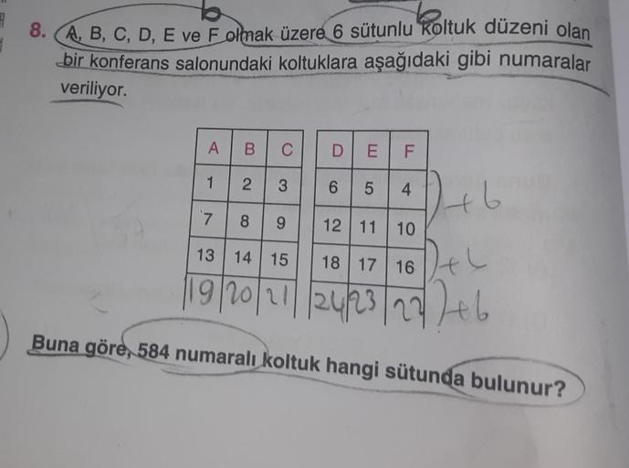 8. A, B, C, D, E ve F olmak üzere 6 sütunlu koltuk düzeni olan
bir konferans salonundaki koltuklara aşağıdaki gibi numaralar
veriliyor.
DE F
6 5 4
8 9
12 11 10
13 14 15
18 17 16
19 20 21 24 23 22 +6
A
1
7
B C
2 3
16+
6
Buna göre, 584 numaralı koltuk hangi