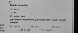 anlış
enci
anlış
82.
Bir hücreli canlılar,
1. kamçı,
II. sil,
III. yalancı ayak
yapılarından hangilerinin yardımıyla aktif olarak hareket
edebilir?
A) Yalnız II
D) Il ve Ill
B) I ve II
E) I, II ve III
C) I ve III