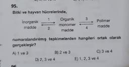 0-
95.
Bitki ve hayvan hücrelerinde,
inorganik
madde
96
2
Organik
monomer
madde
numaralandırılmış tepkimelerden hangileri ortak olarak
gerçekleşir?
A) 1 ve 3
B) 2 ve 3
D) 2, 3 ve 4
4
Polimer
madde
C) 3 ve 4
E) 1, 2, 3 ve 4