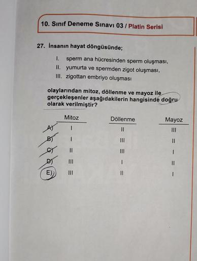 10. Sınıf Deneme Sınavı 03/Platin Serisi
27. İnsanın hayat döngüsünde;
I. sperm ana hücresinden sperm oluşması,
II. yumurta ve spermden zigot oluşması,
III. zigottan embriyo oluşması
olaylarından mitoz, döllenme ve mayoz ile
gerçekleşenler aşağıdakilerin h